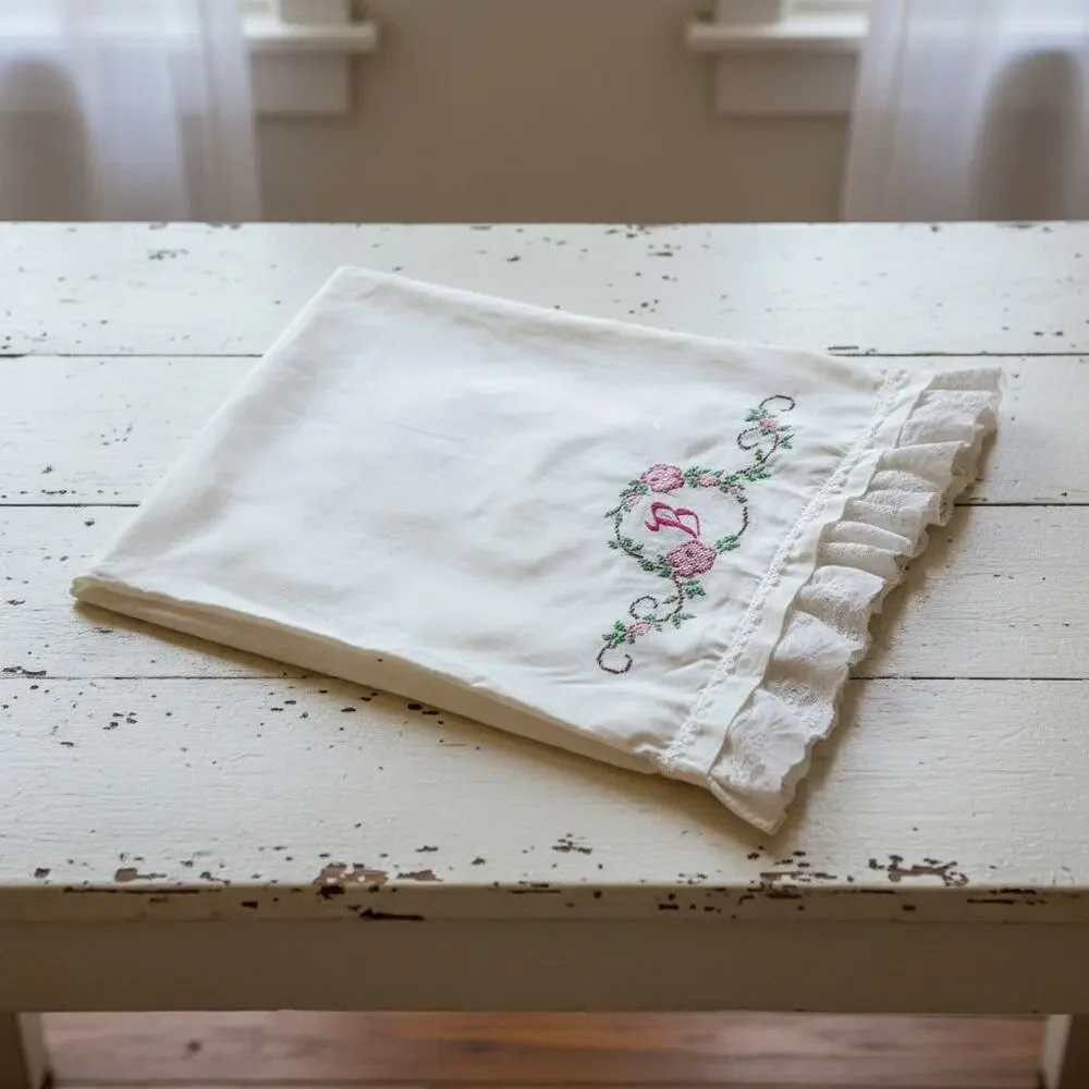 Vintage Embroidered Monogram B Pillowcase-Lace Edge-Cottagecore-Standard White
